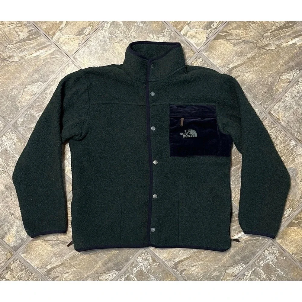 The North Face Fleece Jacket Mens Large Green Snap Front Corduroy Pocket